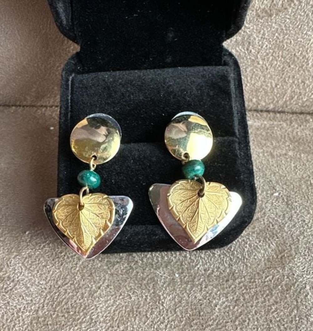 Artisan Mixed Metal Dangle Earrings with Green Bead